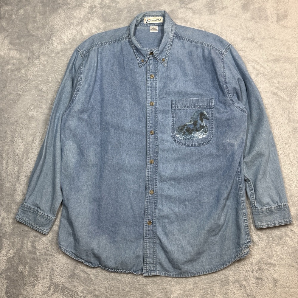 Channel Mark Denim Button Down Shirt Men L Blue Van Straalen Horse Print Faded